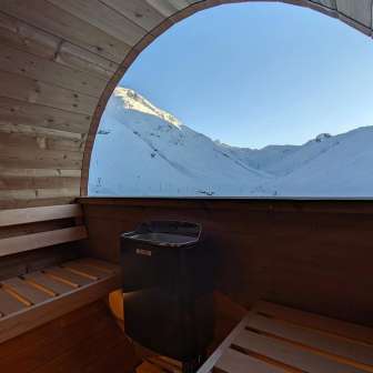 Die Aussicht von der Fasssauna vom Hotel Bergalga